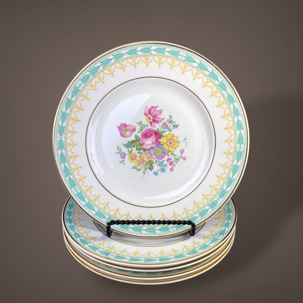 Syracuse Betsy Ross Turquoise Salad Plates SETof 5 Old Ivory OPCO 30s-40s